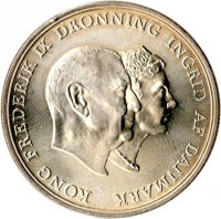 Denmark coin 5 Kroner - Frederik IX - Silver Wedding Anniversary (1960) obverse obverse of 5 Kroner - Frederik IX - Silver Wedding Anniversary (1960) coin with KM# 852 from Denmark. Inscription: KONG FREDERIK IX DRONNING INGRID AF DANMARK