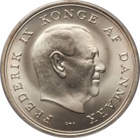 obverse of 10 Kroner - Frederik IX - Wedding of princess Margrethe (1967) coin with KM# 856 from Denmark. Inscription: FREDERIK IX KONGE AF DANMARK