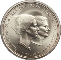 Denmark coin 10 Kroner - Frederik IX - Wedding of princess Margrethe (1967) reverse reverse of 10 Kroner - Frederik IX - Wedding of princess Margrethe (1967) coin with KM# 856 from Denmark. Inscription: PRINSESSE MARGRETHE . PRINS HENRIK . 10 JUNI 1967 10 KRONER