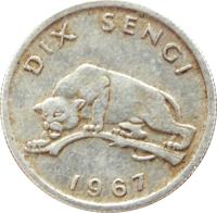 obverse of 10 Sengi (1967) coin with KM# 7 from Congo - Democratic Republic. Inscription: DIX SENGI 1967