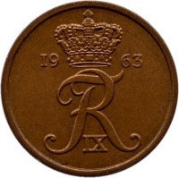 obverse of 2 Øre - Frederik IX (1960 - 1966) coin with KM# 847 from Denmark. Inscription: 19 63 FR IX