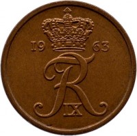 Denmark coin 2 Øre - Frederik IX (1960 - 1966) obverse obverse of 2 Øre - Frederik IX (1960 - 1966) coin with KM# 847 from Denmark. Inscription: 19 63 FR IX