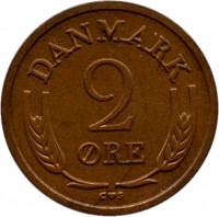 reverse of 2 Øre - Frederik IX (1960 - 1966) coin with KM# 847 from Denmark. Inscription: DANMARK 2 ØRE