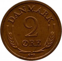 Denmark coin 2 Øre - Frederik IX (1960 - 1966) reverse reverse of 2 Øre - Frederik IX (1960 - 1966) coin with KM# 847 from Denmark. Inscription: DANMARK 2 ØRE