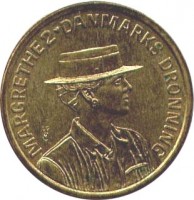 obverse of 20 Kroner - Margrethe II - 50th Birthday (1990) coin with KM# 870 from Denmark. Inscription: MARGRETHE 2 DANMARKS DRONNING