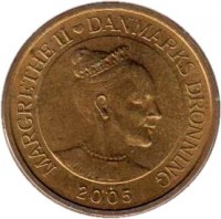 Denmark coin 20 Kroner - Margrethe II - Landet Kirke - 4'th Portrait (2005) obverse obverse of 20 Kroner - Margrethe II - Landet Kirke - 4'th Portrait (2005) coin with KM# 899 from Denmark. Inscription: MARGRETHE II ♥ DANMARKS DRONNING 2005