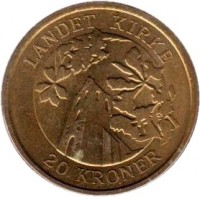 reverse of 20 Kroner - Margrethe II - Landet Kirke - 4'th Portrait (2005) coin with KM# 899 from Denmark. Inscription: LANDET KIRKE 20 KRONER