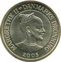 Denmark coin 20 Kroner - Margrethe II - Nolsoy Lighthouse - 4'th Portrait (2005) obverse obverse of 20 Kroner - Margrethe II - Nolsoy Lighthouse - 4'th Portrait (2005) coin with KM# 901 from Denmark. Inscription: MARGRETHE II ♥ DANMARKS DRONNING 2005