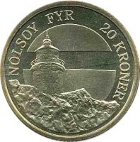 reverse of 20 Kroner - Margrethe II - Nolsoy Lighthouse - 4'th Portrait (2005) coin with KM# 901 from Denmark. Inscription: NOLSOY FYR 20 KRONER