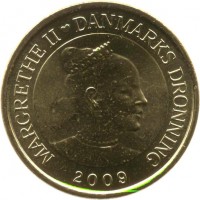 Denmark coin 20 Kroner - Margrethe II - Færobåd - 4'th Portrait (2009) obverse obverse of 20 Kroner - Margrethe II - Færobåd - 4'th Portrait (2009) coin with KM# 936 from Denmark. Inscription: MARGRETHE II ♥ DANMARKS DRONNING 2009