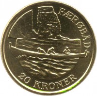 reverse of 20 Kroner - Margrethe II - Færobåd - 4'th Portrait (2009) coin with KM# 936 from Denmark. Inscription: FÆRØBÅD 20 KRONER