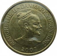 obverse of 20 Kroner - Margrethe II - Fregatten Jylland - 4'th Portrait (2007) coin with KM# 920 from Denmark. Inscription: MARGRETHE II ♥ DANMARKS DRONNING 2007