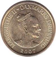 Denmark coin 20 Kroner - Margrethe II - Vædderen - 4'th Portrait (2007) obverse obverse of 20 Kroner - Margrethe II - Vædderen - 4'th Portrait (2007) coin with KM# 921 from Denmark. Inscription: MARGRETHE II ♥ DANMARKS DRONNING 2007