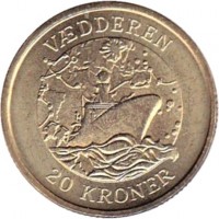 Denmark coin 20 Kroner - Margrethe II - Vædderen - 4'th Portrait (2007) reverse reverse of 20 Kroner - Margrethe II - Vædderen - 4'th Portrait (2007) coin with KM# 921 from Denmark. Inscription: VÆDDEREN 20 KRONER