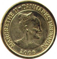 obverse of 10 Kroner - Margrethe II - The Shadow - 4'th Portrait (2006) coin with KM# 903 from Denmark. Inscription: MARGRETHE II ♥ DANMARKS DRONNING 2006