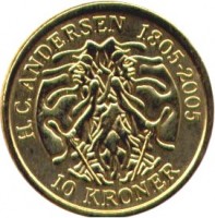 Denmark coin 10 Kroner - Margrethe II - The Shadow - 4'th Portrait (2006) reverse reverse of 10 Kroner - Margrethe II - The Shadow - 4'th Portrait (2006) coin with KM# 903 from Denmark. Inscription: H.C.ANDERSEN 1805-2005 10 KRONER