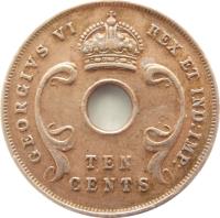 obverse of 10 Cents - George VI (1937 - 1945) coin with KM# 26 from British East Africa. Inscription: GEORGIVS VI REX ET IND: IMP: TEN CENTS