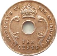 British East Africa coin 10 Cents - George VI (1937 - 1945) obverse obverse of 10 Cents - George VI (1937 - 1945) coin with KM# 26 from British East Africa. Inscription: GEORGIVS VI REX ET IND: IMP: TEN CENTS