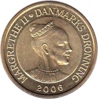 obverse of 20 Kroner - Margrethe II - Tre Brødre - 4'th Portrait (2006) coin with KM# 913 from Denmark. Inscription: MARGRETHE II ♥ DANMARKS DRONNING 2006