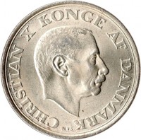 Denmark coin 2 Kroner - Christian X - King´s Birthday (1945) obverse obverse of 2 Kroner - Christian X - King´s Birthday (1945) coin with KM# 836 from Denmark. Inscription: CHRISTIAN X KONGE AF DANMARK N♥S