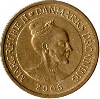 Denmark coin 10 Kroner - Margrethe II - Snow Queen - 4'th Portrait (2006) obverse obverse of 10 Kroner - Margrethe II - Snow Queen - 4'th Portrait (2006) coin with KM# 914 from Denmark. Inscription: MARGRETHE II ♥ DANMARKS DRONNING 2006