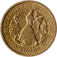 reverse of 10 Kroner - Margrethe II - Snow Queen - 4'th Portrait (2006) coin with KM# 914 from Denmark. Inscription: H. C. ANDERSEN 1805. 2005 10 KRONER