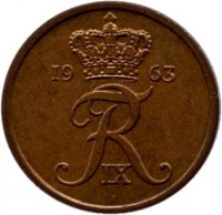 obverse of 1 Øre - Frederik IX (1960 - 1964) coin with KM# 846 from Denmark. Inscription: 19 63 FR IX