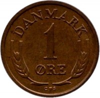 reverse of 1 Øre - Frederik IX (1960 - 1964) coin with KM# 846 from Denmark. Inscription: DANMARK 1 ØRE