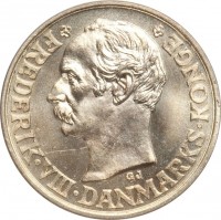 obverse of 25 Øre - Frederik VIII (1907 - 1911) coin with KM# 808 from Denmark. Inscription: · FREDERIK VIII · DANMARKS KONGE · GJ