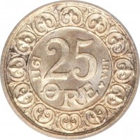 reverse of 25 Øre - Frederik VIII (1907 - 1911) coin with KM# 808 from Denmark. Inscription: 25 1911 ØRE VBP
