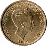 Denmark coin 20 Kroner - Margrethe II - Kajak Konebåd - 5'th Portrait (2010) obverse obverse of 20 Kroner - Margrethe II - Kajak Konebåd - 5'th Portrait (2010) coin with KM# 940 from Denmark. Inscription: MARGRETHE II ♥ DANMARKS DRONNING 2010