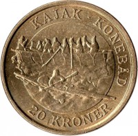 Denmark coin 20 Kroner - Margrethe II - Kajak Konebåd - 5'th Portrait (2010) reverse reverse of 20 Kroner - Margrethe II - Kajak Konebåd - 5'th Portrait (2010) coin with KM# 940 from Denmark. Inscription: KAJAK KONEBAD 20 KRONER