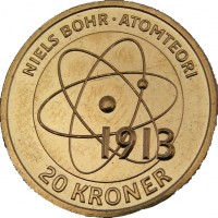 reverse of 20 Kroner - Margrethe II - Niels Bohr and the Bohr Model (2013) coin with KM# 956 from Denmark. Inscription: NIELS BOHR . NIELS BOHR . ATOMTEORI 1913 20 KRONER