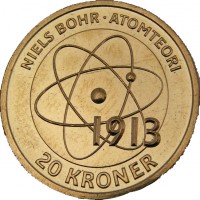 Denmark coin 20 Kroner - Margrethe II - Niels Bohr and the Bohr Model (2013) reverse reverse of 20 Kroner - Margrethe II - Niels Bohr and the Bohr Model (2013) coin with KM# 956 from Denmark. Inscription: NIELS BOHR . NIELS BOHR . ATOMTEORI 1913 20 KRONER