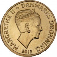 obverse of 20 Kroner - Margrethe II - Niels Bohr and the Bohr Model (2013) coin with KM# 956 from Denmark. Inscription: MARGRETHE II (heart) DANMARKS DRONNING 2013