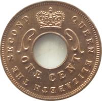 obverse of 1 Cent - Elizabeth II (1954 - 1962) coin with KM# 35 from British East Africa. Inscription: QUEEN ELIZABETH THE SECOND ONE CENT