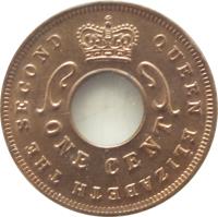 British East Africa coin 1 Cent - Elizabeth II (1954 - 1962) obverse obverse of 1 Cent - Elizabeth II (1954 - 1962) coin with KM# 35 from British East Africa. Inscription: QUEEN ELIZABETH THE SECOND ONE CENT