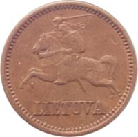obverse of 1 Centas (1936) coin with KM# 79 from Lithuania. Inscription: LIETUVA