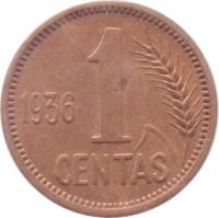 reverse of 1 Centas (1936) coin with KM# 79 from Lithuania. Inscription: 1936 1 CENTAS