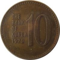 reverse of 10 Won (1970 - 1982) coin with KM# 6a from Korea. Inscription: 10 THE BANK OF KOREA 1980