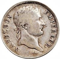 obverse of 1 Franc - Napoleon I (1807 - 1808) coin with KM# 682 from France. Inscription: NAPOLEON EMPEREUR.