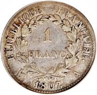 reverse of 1 Franc - Napoleon I (1807 - 1808) coin with KM# 682 from France. Inscription: RÉPUBLIQUE FRANÇAISE. 1 FRANC. 1808.