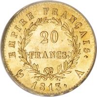 reverse of 20 Francs - Napoleon I (1809 - 1814) coin with KM# 695 from France. Inscription: EMPIRE FRANCAIS. 20 FRANCS. 1813. A