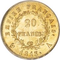 France coin 20 Francs - Napoleon I (1809 - 1814) reverse reverse of 20 Francs - Napoleon I (1809 - 1814) coin with KM# 695 from France. Inscription: EMPIRE FRANCAIS. 20 FRANCS. 1813. A