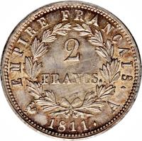 France coin 2 Francs - Napoleon I (1809 - 1814) reverse reverse of 2 Francs - Napoleon I (1809 - 1814) coin with KM# 693 from France. Inscription: EMPIRE FRANÇAIS. 2 FRANCS. 1811. A