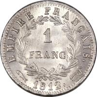 reverse of 1 Franc - Napoleon I (1809 - 1814) coin with KM# 692 from France. Inscription: EMPIRE FRANÇAIS. 1 FRANCS. 1812. A