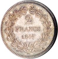 reverse of 2 Francs - Louis-Philippe (1831 - 1848) coin with KM# 743 from France. Inscription: 2 FRANCS 1847 A