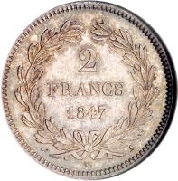 France coin 2 Francs - Louis-Philippe (1831 - 1848) reverse reverse of 2 Francs - Louis-Philippe (1831 - 1848) coin with KM# 743 from France. Inscription: 2 FRANCS 1847 A