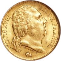 obverse of 20 Francs - Louis XVIII (1816 - 1824) coin with KM# 712 from France. Inscription: LOUIS XVIII ROI DE FRANCE. MICHAUT F