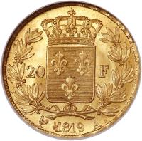 reverse of 20 Francs - Louis XVIII (1816 - 1824) coin with KM# 712 from France. Inscription: 20 F 1819 A